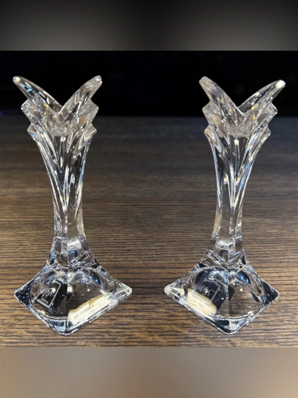 Pair Of Vintage Mikasa Deco Fine Lead Crystal Candlestick Holders 5” EUC